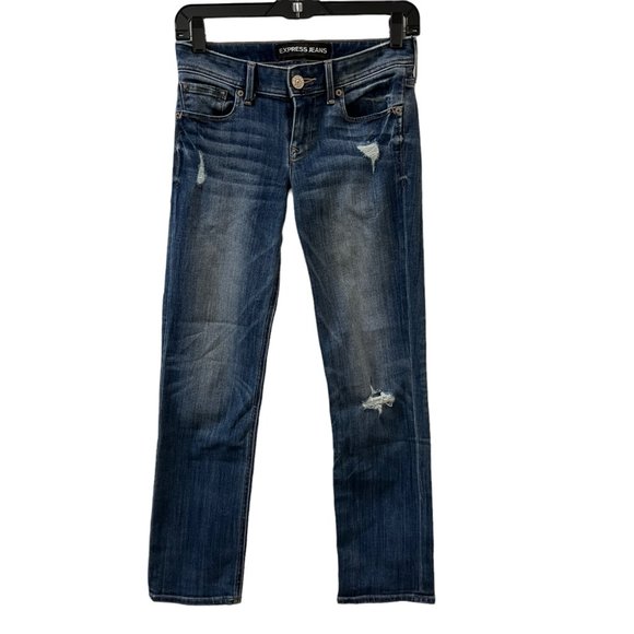 Express cropped skinny dark wash distressed denim jeans Size: 0R